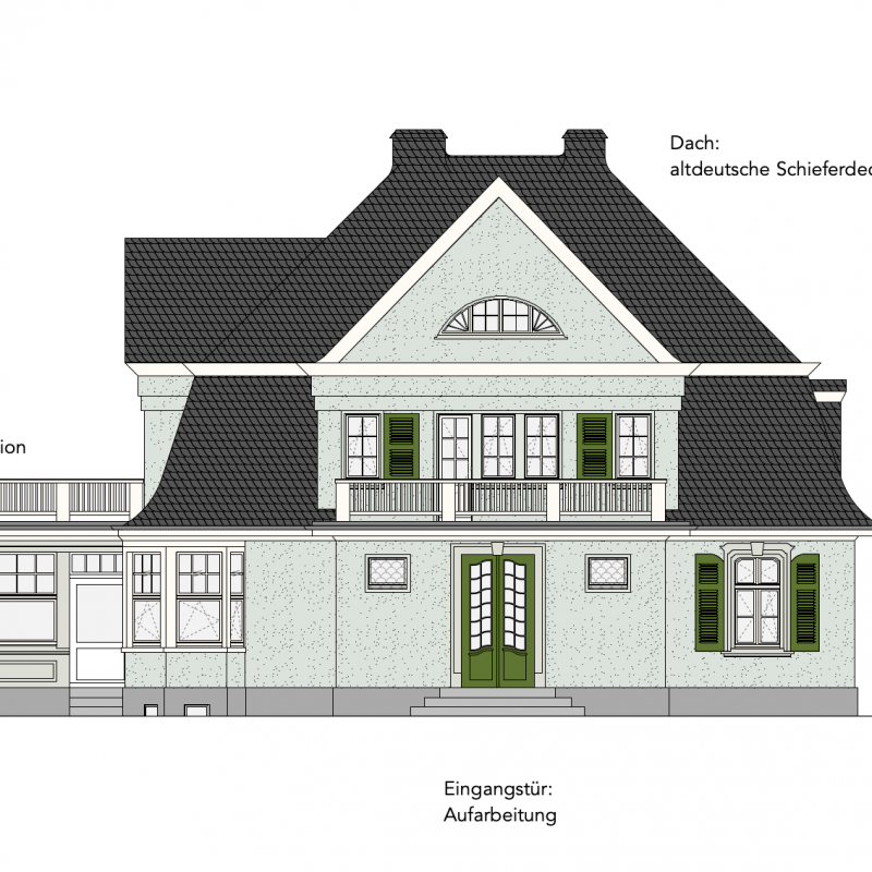 Ansichtszeichnung einer hellgrünen Villa mit Schieferdach