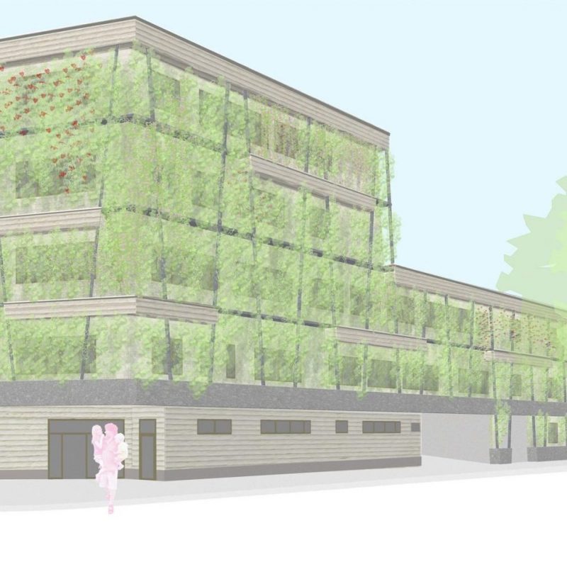 Visualisierung des Entwurfs mit Fassadengrün und neuer Stadtadresse