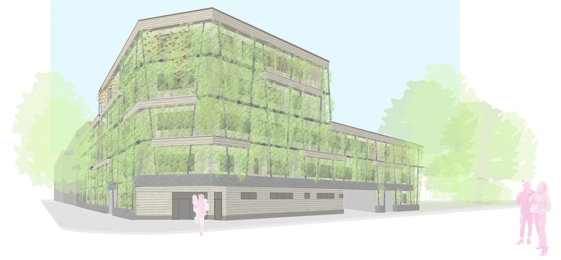 Visualisierung des Entwurfs mit Fassadengrün und neuer Stadtadresse